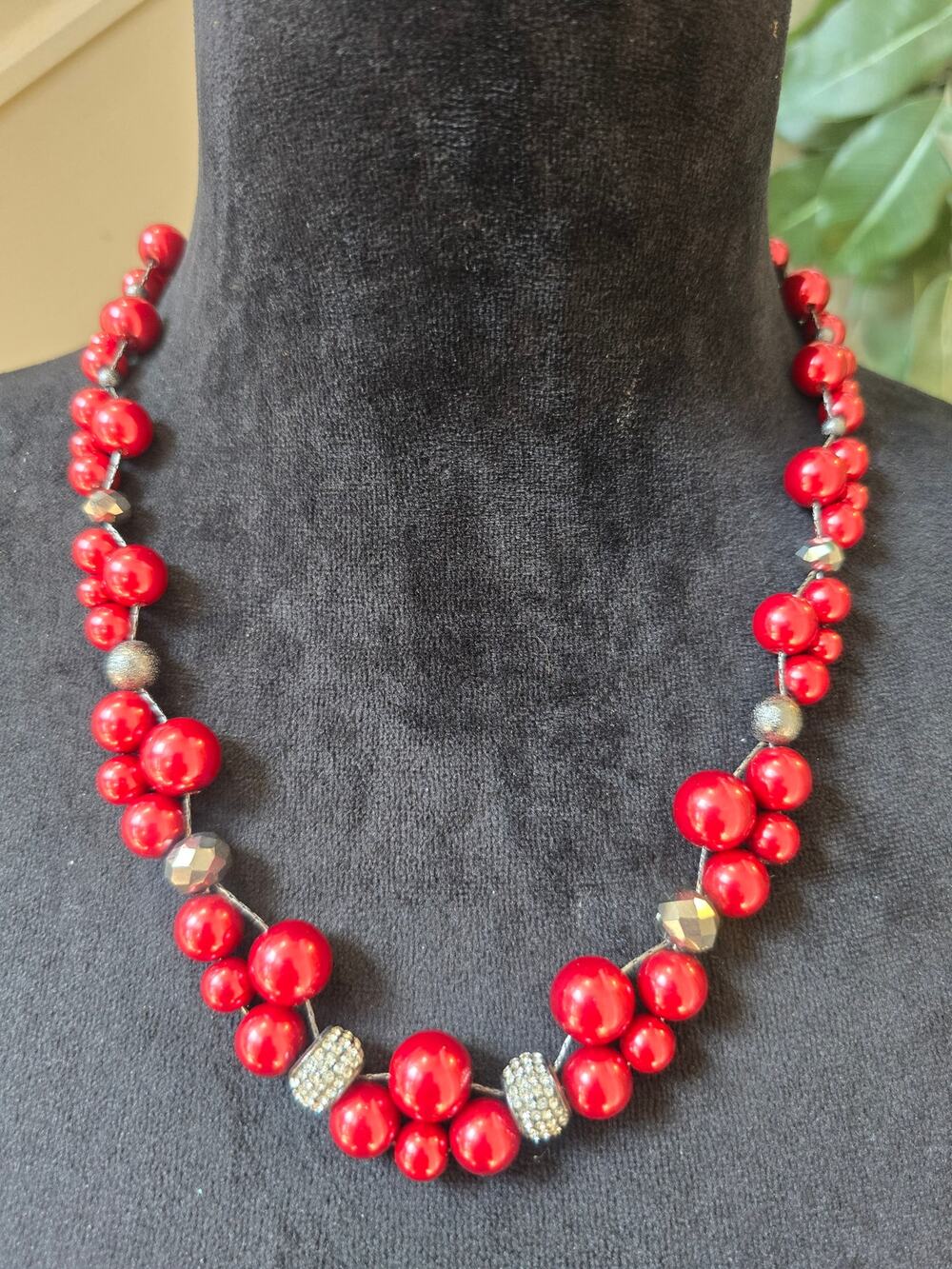 Red Beaded Cluster Statement Necklace Silver Tone Bold Fashion Jewelry